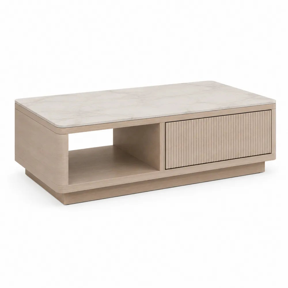 Table basse rectangulaire plateau effet marbre avec niche ouverte et tiroir MDF chêne clair beige 120 cm x 60 cm x 35 cm