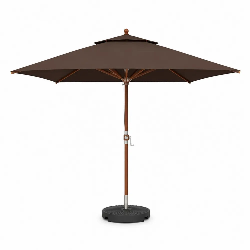 Parasol de jardin à mât central octogonal bois et métal toile polyester marron diamètre 300 cm base lestée ronde noire