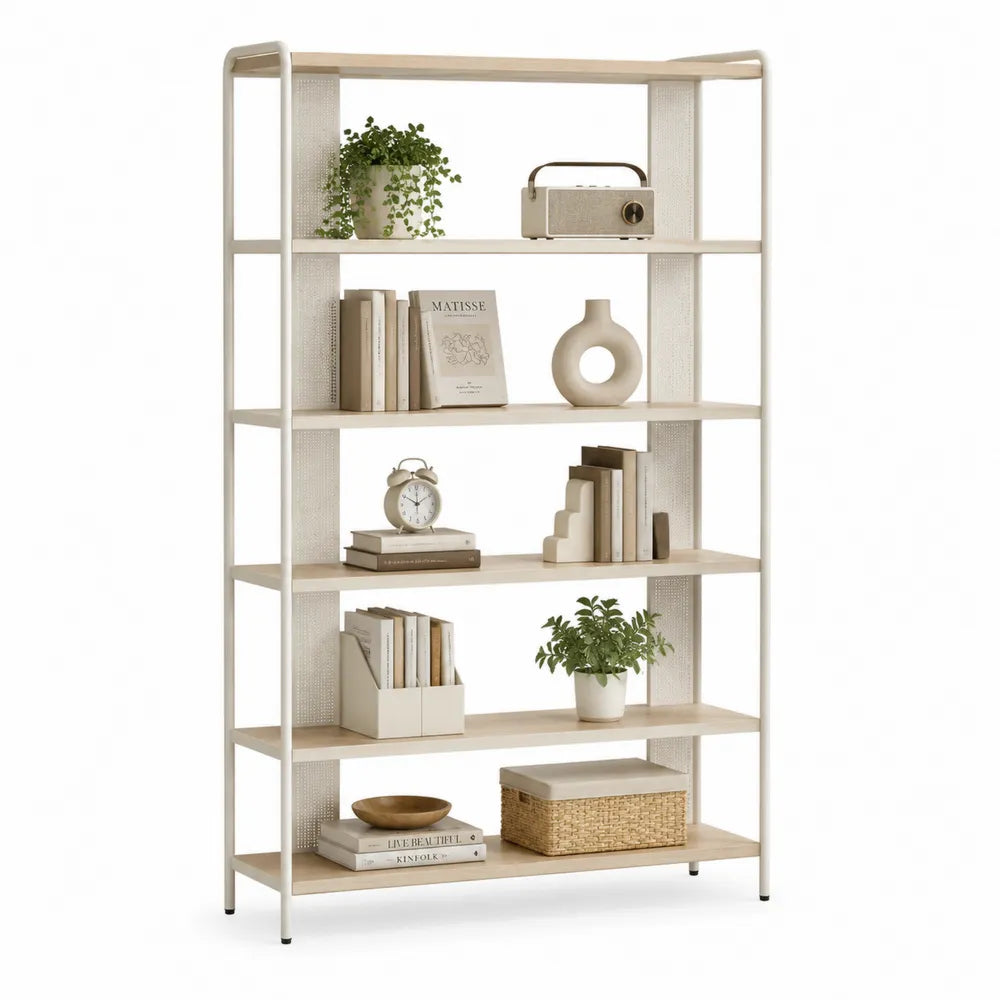 Étagère sur pied bibliothèque 5 niveaux bois clair et acier peint crème structure ouverte 80 cm x 30 cm x 160 cm