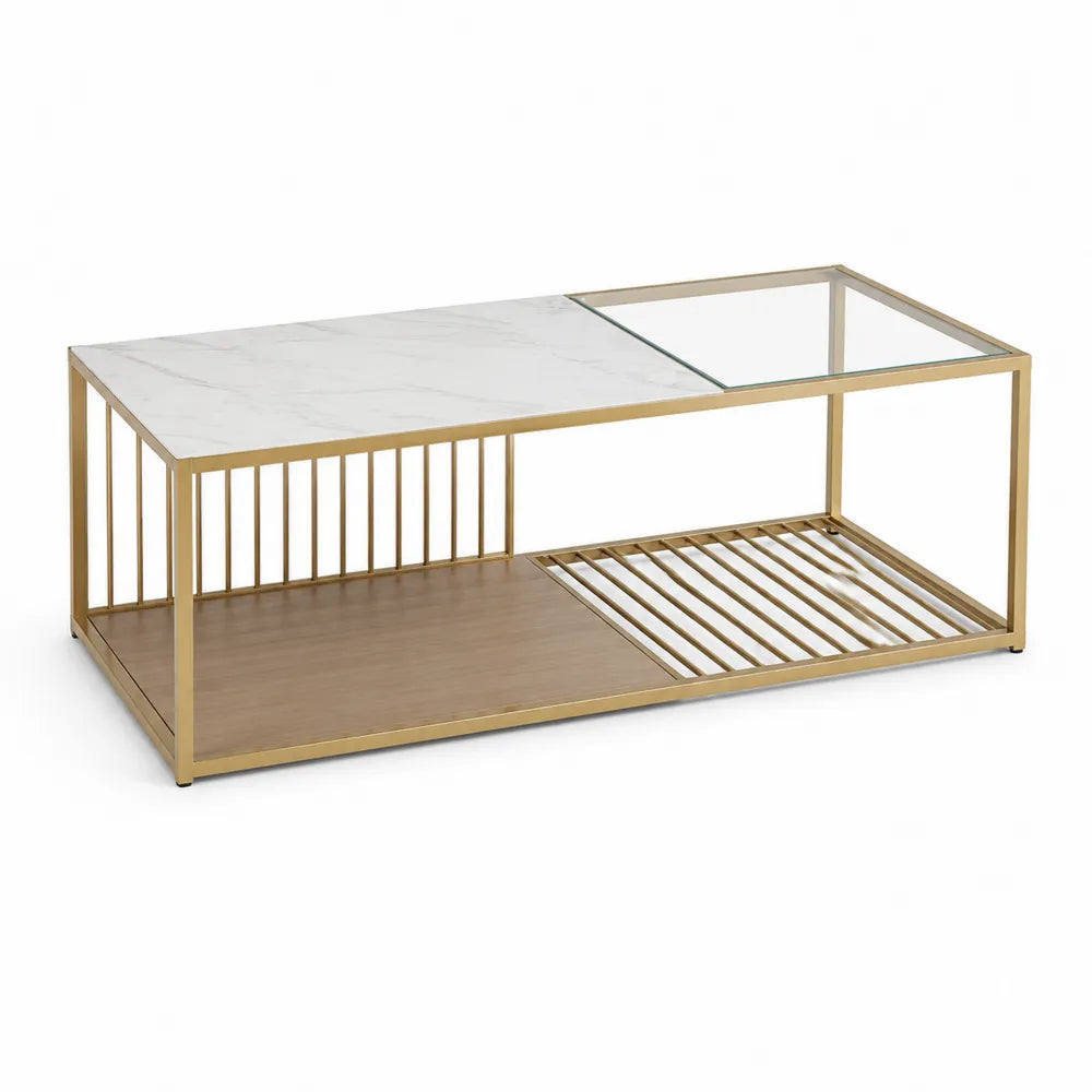 Table basse 110 x 60 x 45 cm structure métal doré plateau marbre et verre trempé étagère bois forme rectangulaire