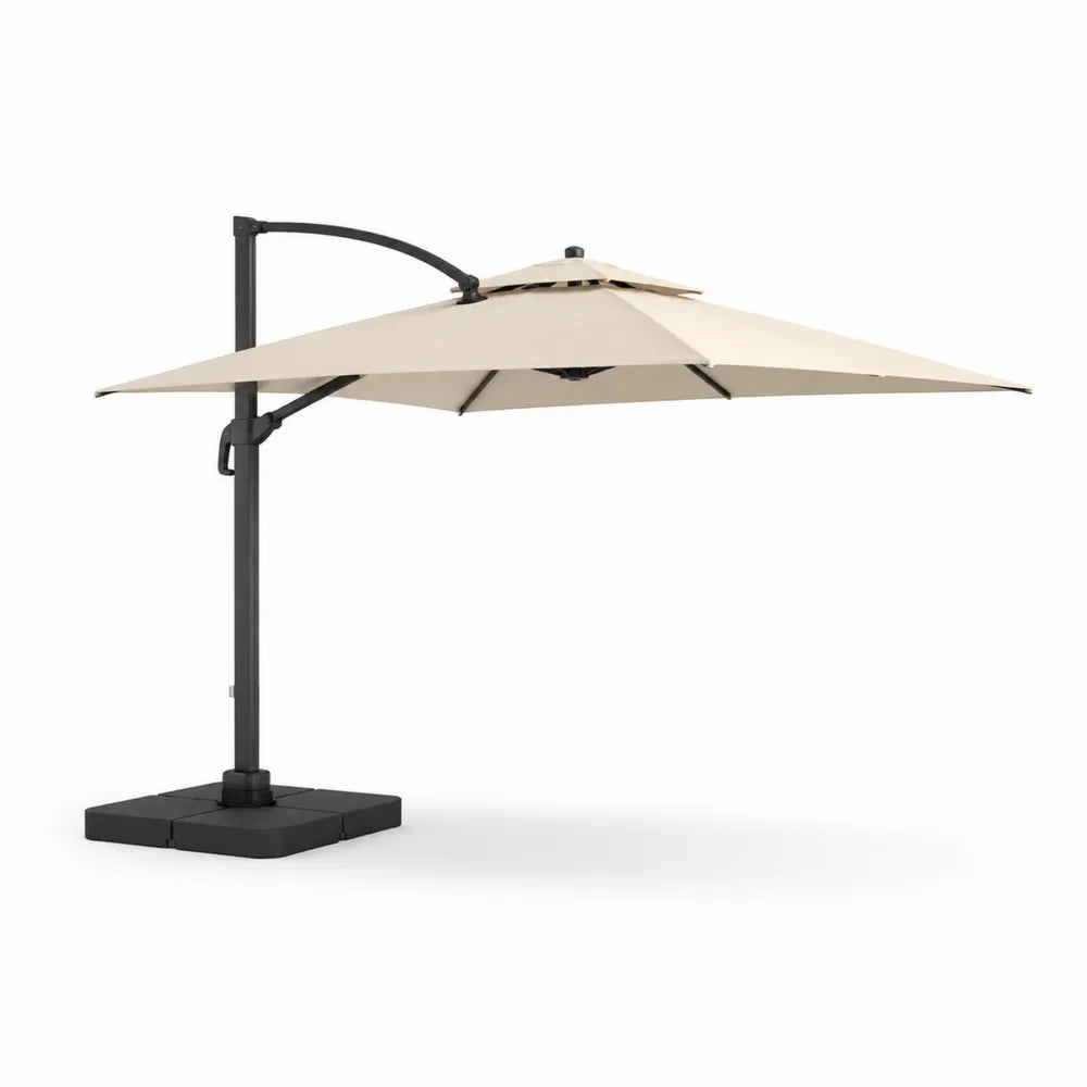 Parasol déporté de jardin aluminium toile polyester beige structure noire 300 cm 300 cm