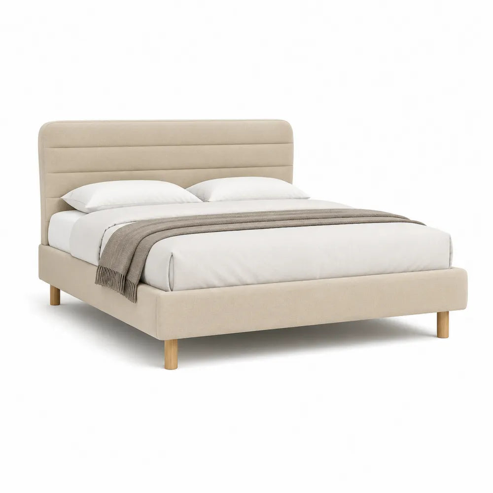 Lit double 160 x 200 cm cadre bois rembourré tête de lit capitonnée horizontale tissu polyester beige pieds bois naturel