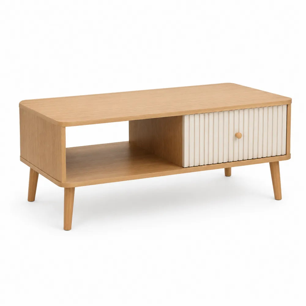 Table basse rectangulaire en MDF effet chêne clair avec tiroir façade rainurée blanche et niche ouverte pieds bois 100 cm x 50 cm x 45 cm