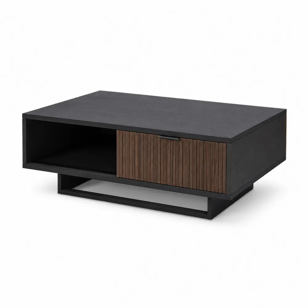 Table basse rectangulaire 1 tiroir 1 niche ouverte structure acier noir plateau bois naturel 100 cm x 50 cm x 40 cm