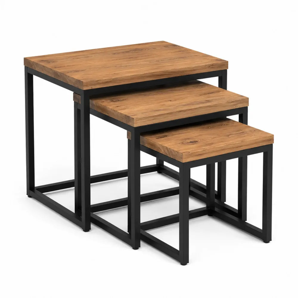 Lot de 3 tables basses gigognes rectangulaires en MDF décor chêne naturel et acier noir plateaux bois 50 cm x 35 cm x 50 cm 45 cm x 35 cm x 45 cm 40 cm x 35 cm x 40 cm