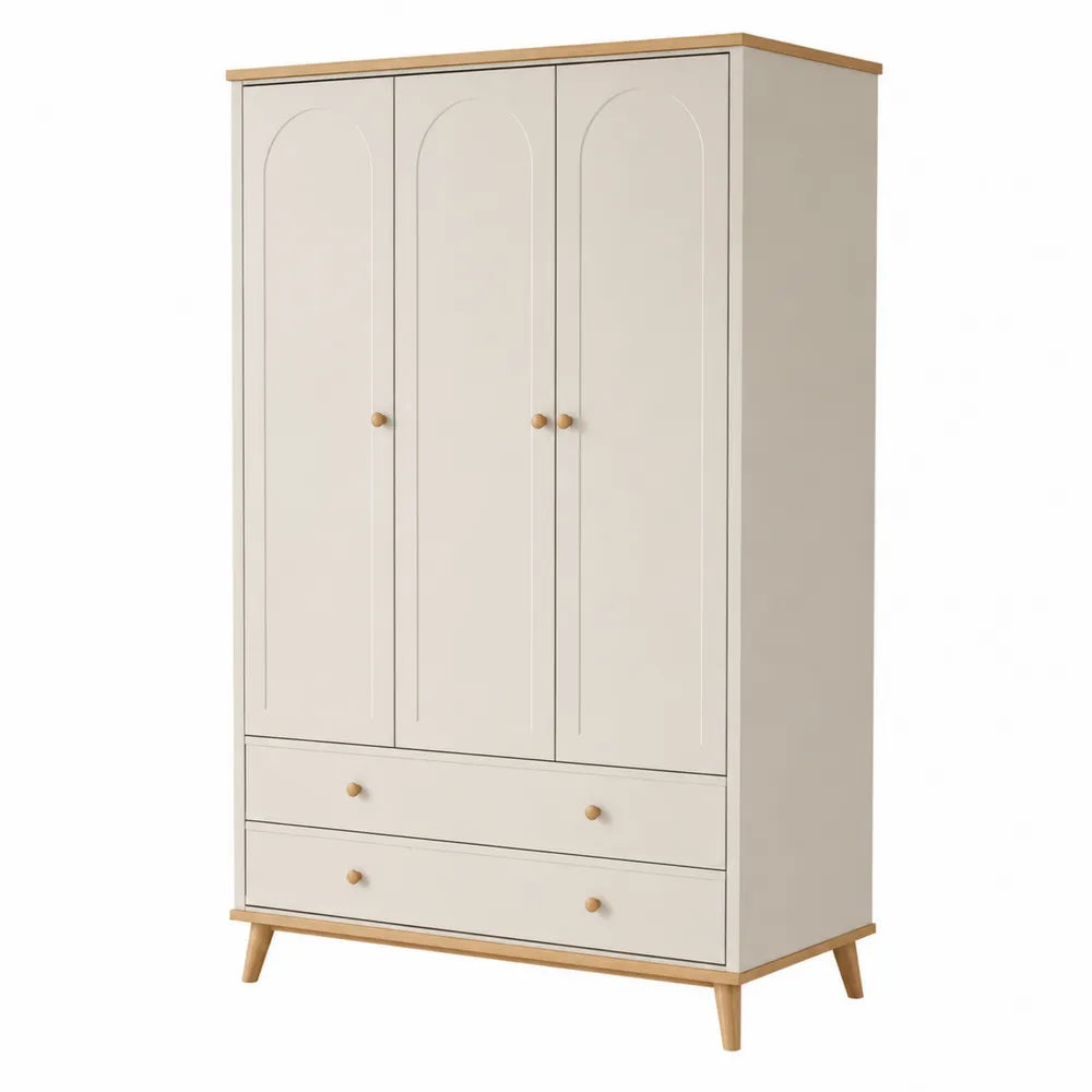Armoire de chambre 3 portes avec 2 tiroirs structure panneaux MDF finition beige et chêne clair poignées bois naturel pieds inclinés bois massif 120 x 55 x 190 cm