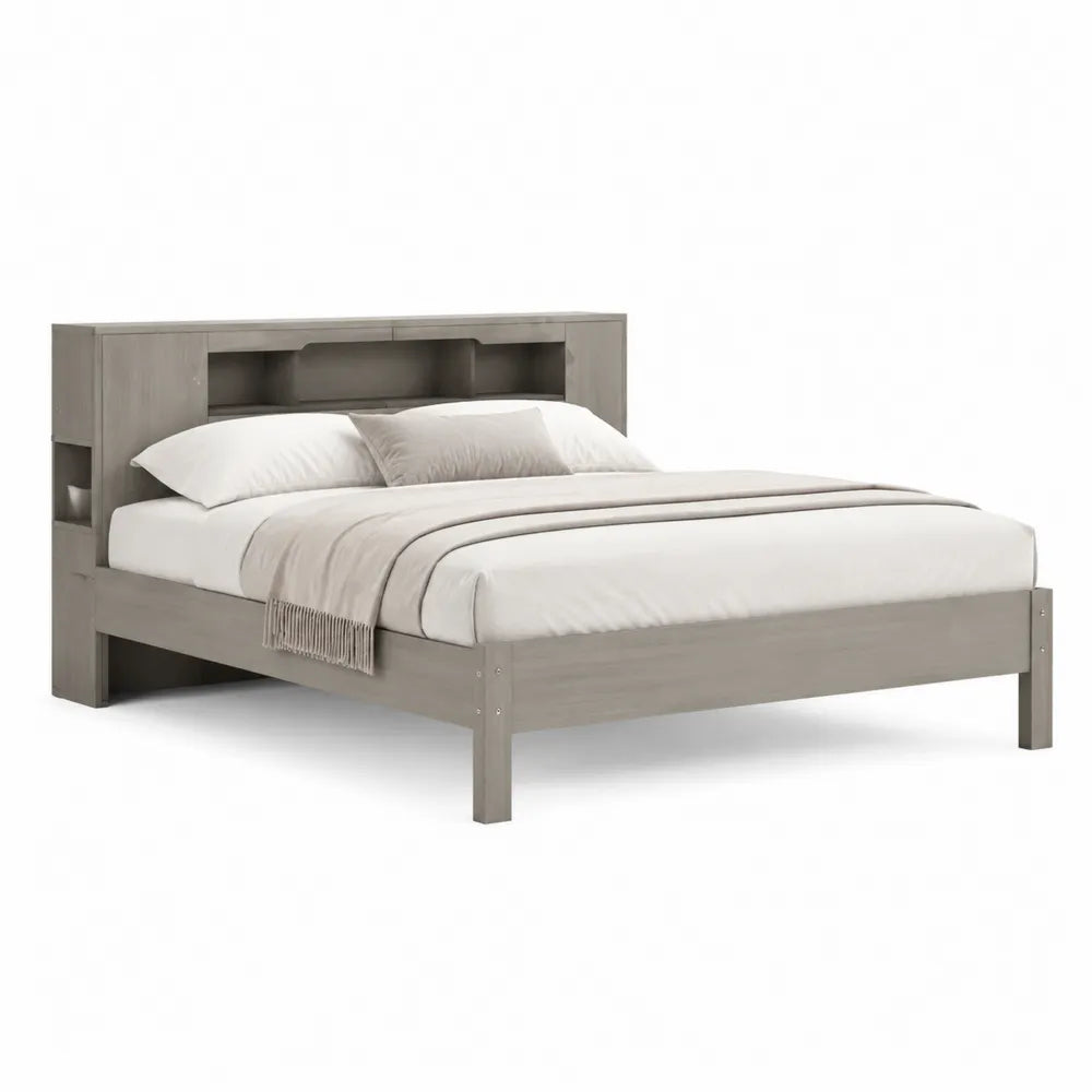 Lit double 160 x 200 cm cadre en panneaux mélaminés gris tête de lit étagères de rangement ouvertes sommier à lattes