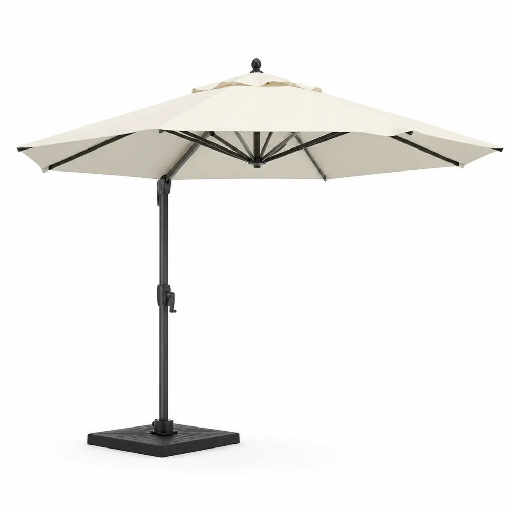 Parasol déporté carré inclinable acier noir toile polyester beige 300 cm 300 cm 250 cm base lestée carrée noire