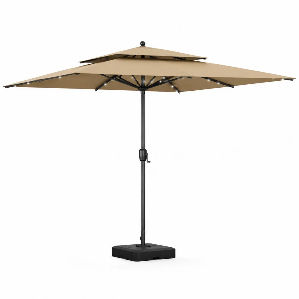Parasol de jardin LED avec mât central en acier toile polyester beige structure aluminium base lestée carrée 300 cm