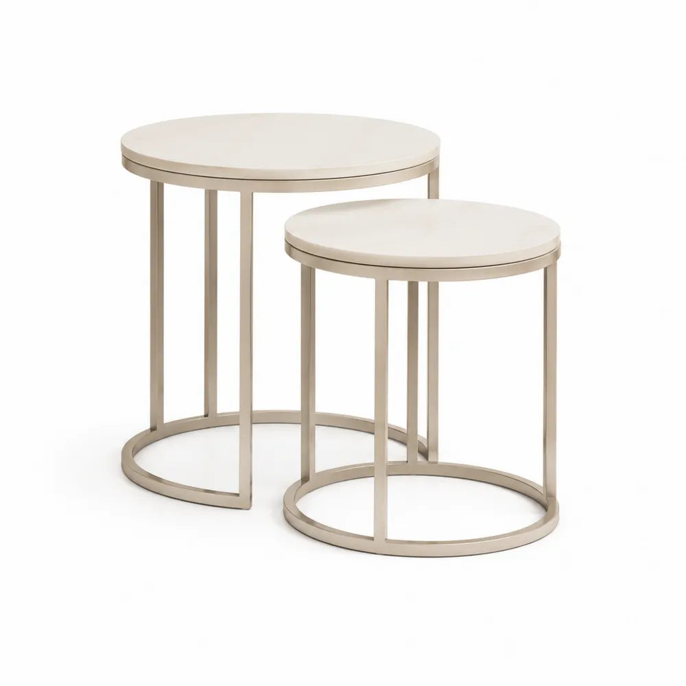Tables d'appoint gigognes rondes 2 pièces 50 x 50 x 55 cm et 40 x 40 x 45 cm plateau MDF beige structure métal champagne forme circulaire