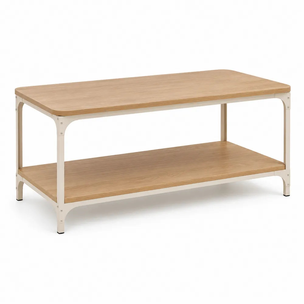 Table basse rectangulaire 2 niveaux plateau bois naturel structure métal beige 100 cm x 50 cm x 45 cm coins arrondis