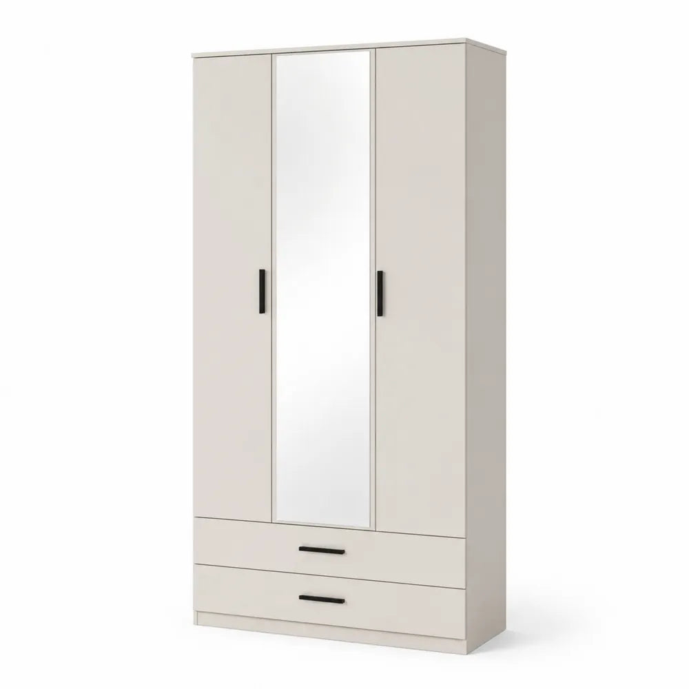 Armoire 3 portes 120 x 50 x 190 cm avec miroir central et 2 tiroirs finition beige bois