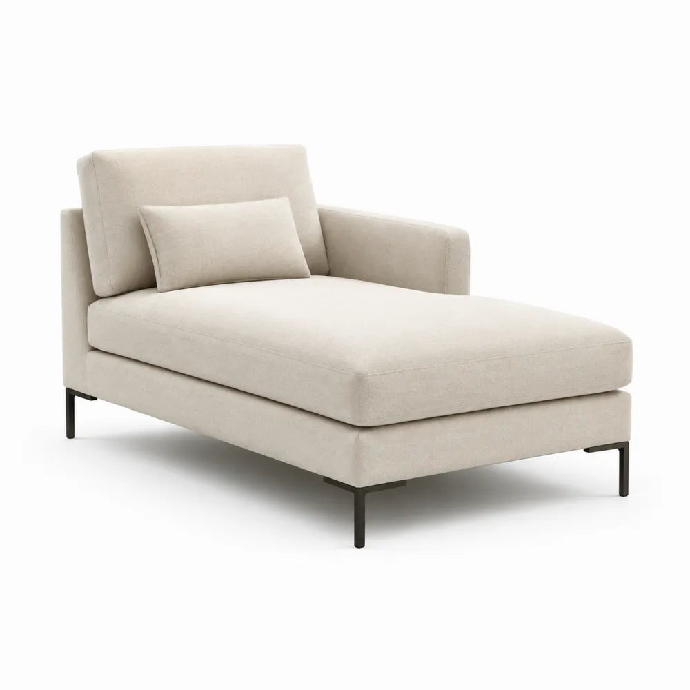Méridienne 1 place rectangulaire en tissu polyester écru avec coussin et pieds en acier noir 165 cm x 80 cm x 85 cm