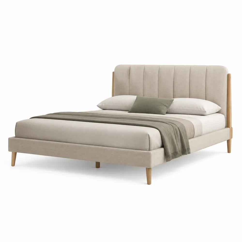 Lit double 160 x 200 cm cadre rembourré tête de lit capitonnée verticale tissu polyester beige pieds bois naturel structure rectangulaire