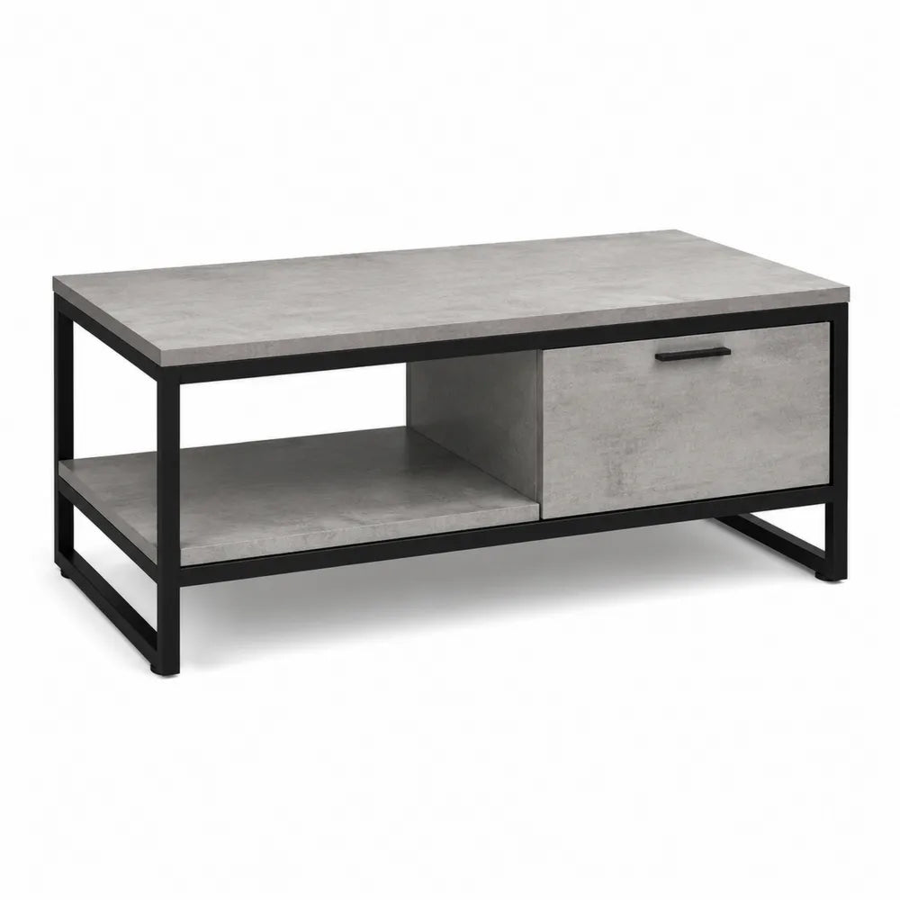 Table basse rectangulaire 110 x 55 x 45 cm structure acier noir plateau MDF effet béton tiroir et niche ouverte forme rectangulaire