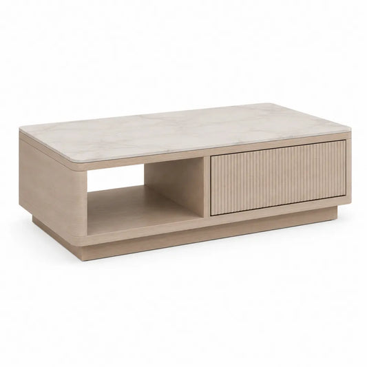 Table basse rectangulaire plateau effet marbre avec niche ouverte et tiroir MDF chêne clair beige 120 cm x 60 cm x 35 cm