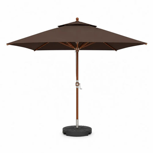 Parasol de jardin à mât central octogonal bois et métal toile polyester marron diamètre 300 cm base lestée ronde noire
