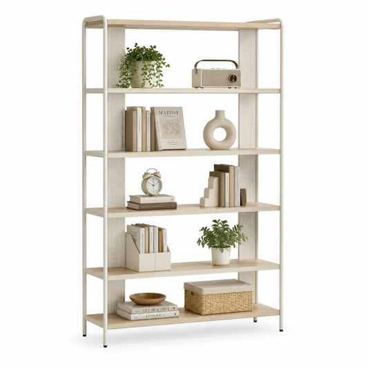 Étagère sur pied bibliothèque 5 niveaux bois clair et acier peint crème structure ouverte 80 cm x 30 cm x 160 cm