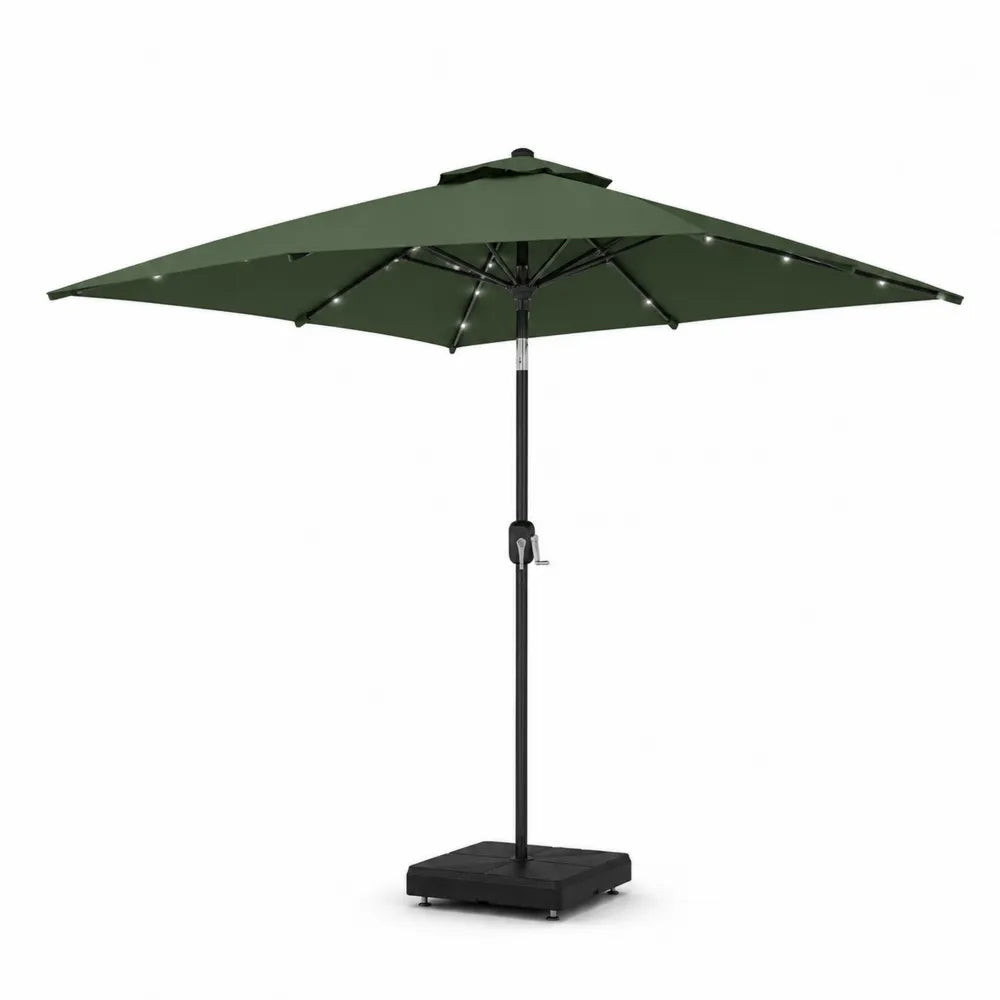 Parasol de jardin carré 300 x 300 x 270 cm acier thermolaqué noir toile polyester vert avec éclairage LED et mât central