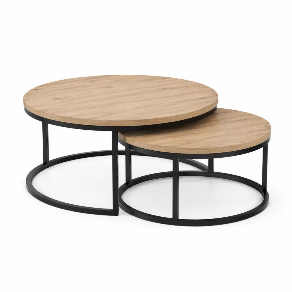 Lot de 2 tables basses gigognes rondes 80 x 45 cm et 60 x 38 cm plateau bois naturel structure acier noir forme circulaire