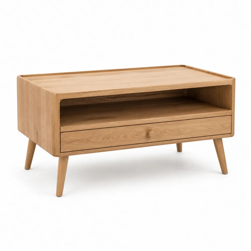 Table basse rectangulaire avec tiroir et niche ouverte bois naturel 100 cm x 50 cm x 45 cm pieds bois massif