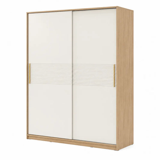 Armoire de chambre 120 x 55 x 180 cm avec 2 portes coulissantes panneaux décor chêne clair et blanc cassé forme rectangulaire
