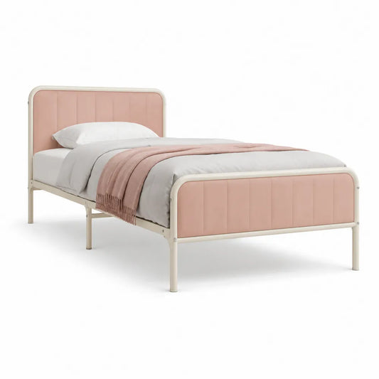 Lit simple 90 x 200 cm cadre en acier tubulaire tête et pied rembourrés tissu polyester rose beige sommier à lattes