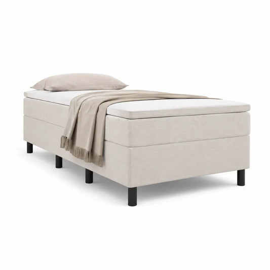Lit simple 90 x 200 cm sans tête de lit base tapissée polyester beige pieds cylindriques acier noir structure rectangulaire 205 x 95 x 55 cm