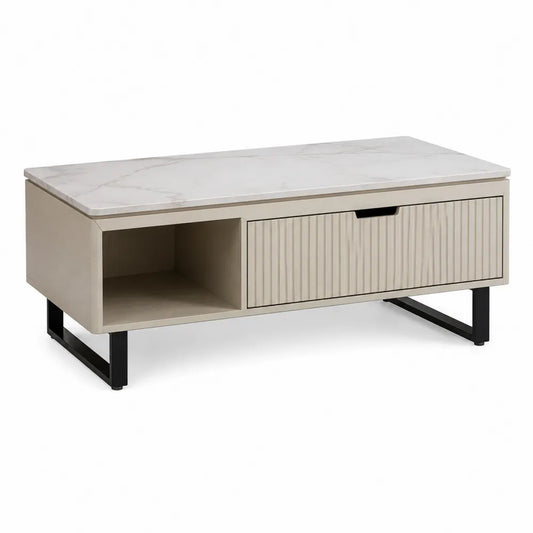 Table basse rectangulaire plateau effet marbre avec tiroir et niche ouverte MDF bois clair métal noir 120 cm x 60 cm x 40 cm