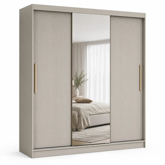 Armoire coulissante 180 x 60 x 200 cm 3 portes avec miroir central panneaux rainurés beige bois et poignées dorées