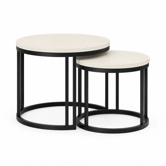 Tables basses gigognes rondes 2 pièces plateau MDF beige clair structure métal noir forme circulaire