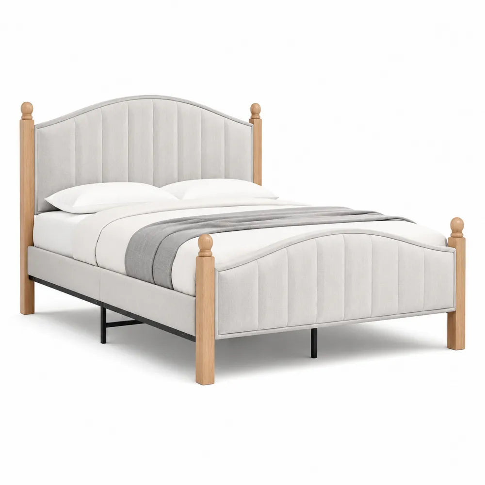 Lit double 160 x 200 cm cadre de lit tête et pied arqués rembourrés tissu polyester beige clair bois massif pin MDF pieds bois naturel support acier noir forme rectangulaire
