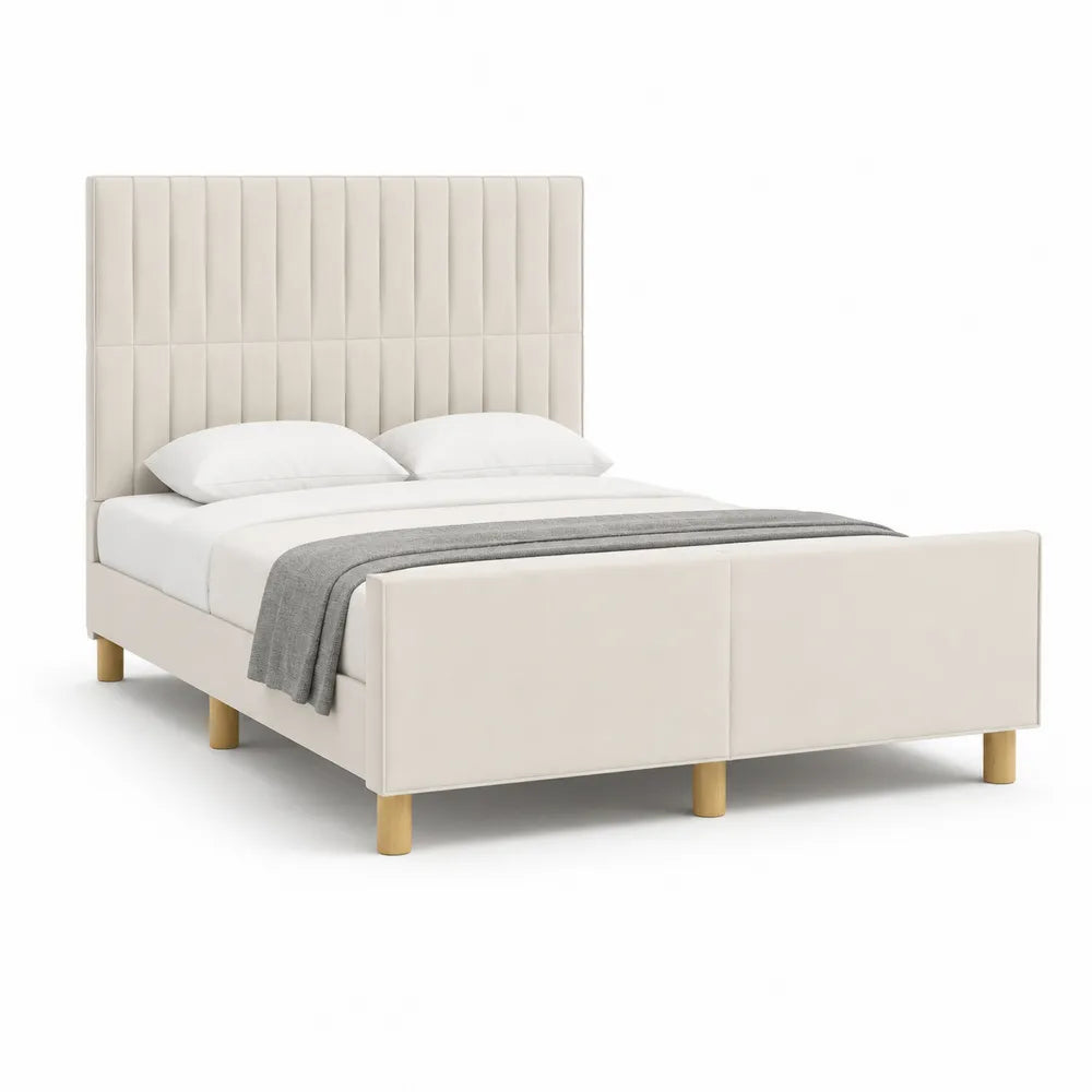 Lit double 160 x 200 cm cadre bois rembourré tête de lit capitonnée verticale tissu polyester beige pieds bois naturel
