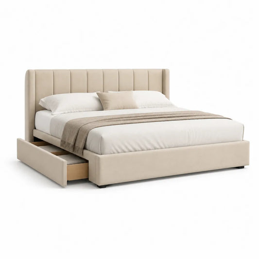 Lit double 160 x 200 cm cadre de lit avec tiroir de rangement tête de lit capitonnée verticale tissu polyester beige structure MDF et bois rectangulaire