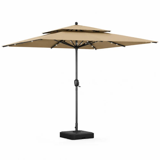 Parasol de jardin LED avec mât central en acier toile polyester beige structure aluminium base lestée carrée 300 cm
