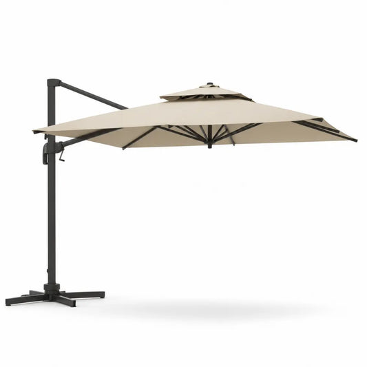 Parasol déporté de jardin aluminium toile polyester beige structure noire base en croix 300 cm 300 cm