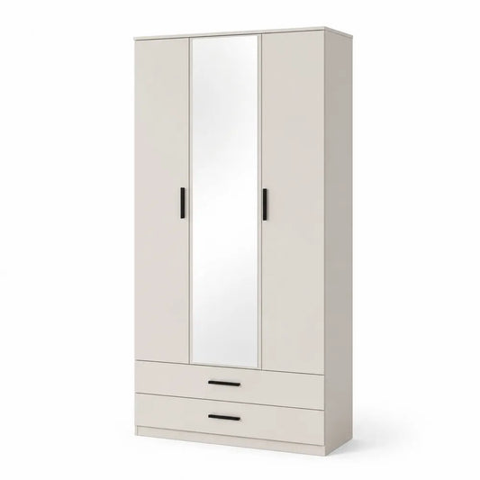 Armoire 3 portes 120 x 50 x 190 cm avec miroir central et 2 tiroirs finition beige bois