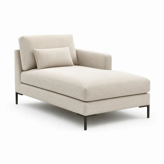 Méridienne 1 place rectangulaire en tissu polyester écru avec coussin et pieds en acier noir 165 cm x 80 cm x 85 cm