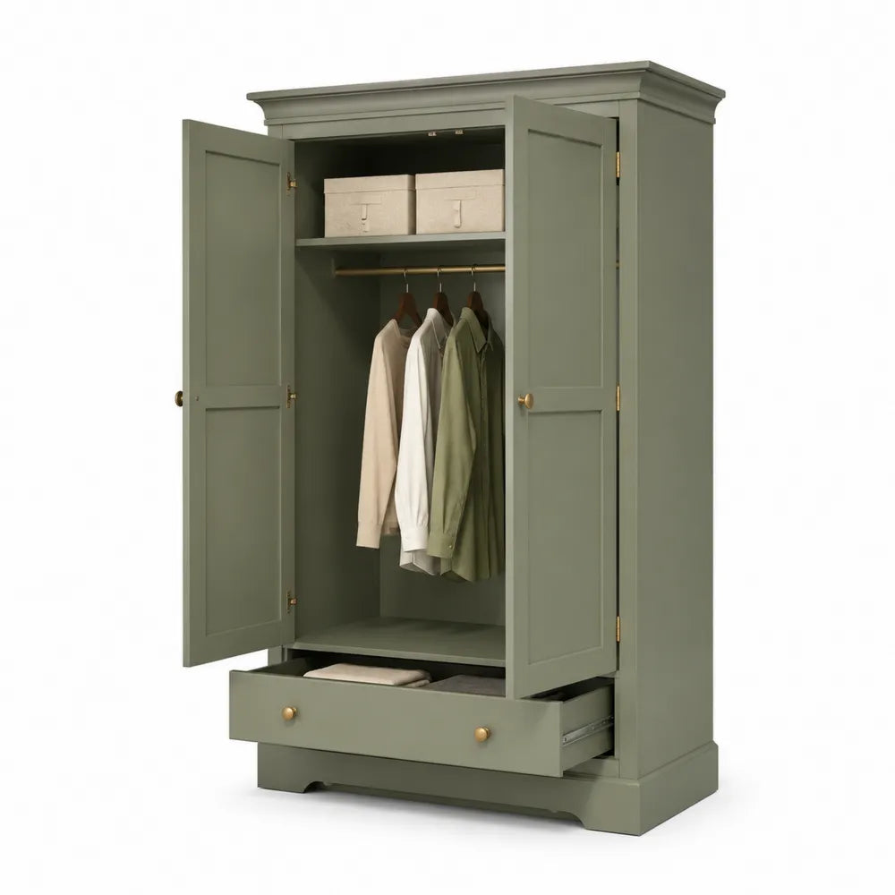 Armoire de chambre 100 x 55 x 190 cm 2 portes battantes avec tiroir et penderie finition vert sauge bois naturel forme rectangulaire