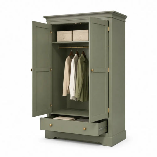 Armoire de chambre 100 x 55 x 190 cm 2 portes battantes avec tiroir et penderie finition vert sauge bois naturel forme rectangulaire