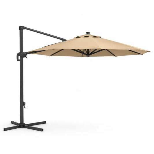 Parasol déporté de jardin avec mât latéral en aluminium toile polyester beige forme octogonale diamètre 300 cm base en croix acier noir